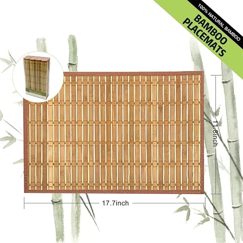 ANDSTAR Set of 8 Pcs Bamboo Placemats with Fabric Border Japanese Style Natural Anti-Slip Bamboo Placemats Washable Heat-Resistant Table Mats for Dining Room and Kitchen（Coffee）