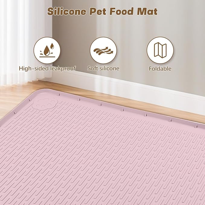 Bartuke Cat Food Mat, 34" x 22" Large Silicone Pet Feeding Mat for Food and Water Bowls Non-Slip, Easy to Clean (Pink)