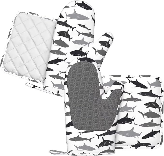 Sharks Oven Mitts and Pot Holders Set of 4 Silicone Sea Animal Kitchen Mitten Gloves and Non-Slip Shark Potholders Set Heat Resistant Oven Gloves Hot Holders for Kitchen