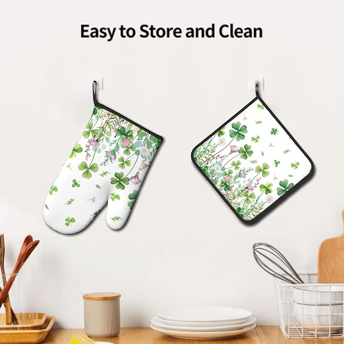 Shamrock Green Oven Mitts and Pot Holders 2Pcs, Spring Green Leaf Daisy Floral Chef Cooking Baking Gifts Oven Gloves Hot Pads Farmhouse Kitchen Accessories for BBQ Cooking Baking