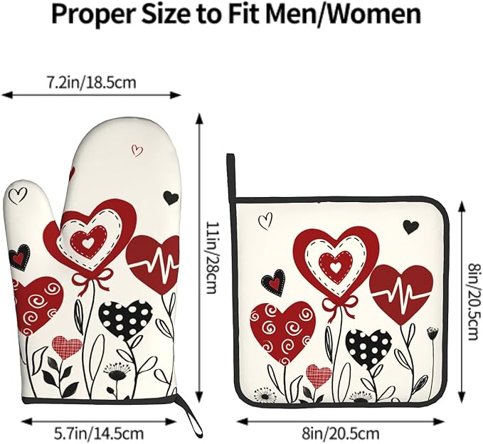 Black Red Love Hearts Oven Mitts and Pot Holders Sets 2Pcs Kitchen Accessories Multi-use Cooking Chef Oven Gloves Resistant Hot Pads for Women BBQ Cooking