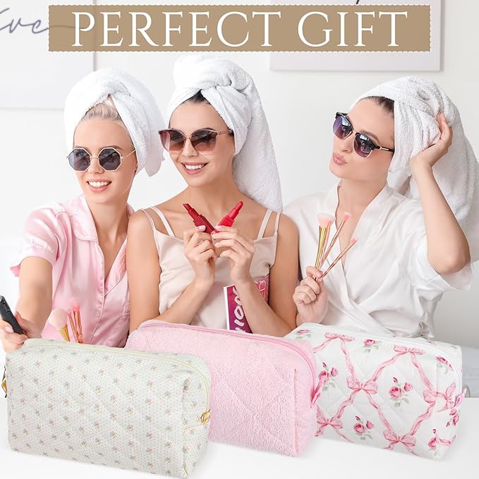 Paterr 10 Pcs Quilted Makeup Bag Bulk Cotton Floral Cosmetic Bag Women Girls Bridesmaid Gifts Cute Makeup Pouch Coquette Aesthetic Travel Toiletry Organizer(Pink Floral,7.87 x 4.72 x 3.15 Inches)