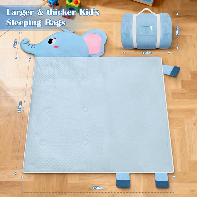Toddler Nap Mat,Elephant Kids Sleeping Bag 67‘’×27‘’,Extra Large Slumber Bag Thick with Removable Pillow for Girls Boys,Soft Plush Roll Up Sleeping Mat Lightweight for Preschool,Daycare,Travel