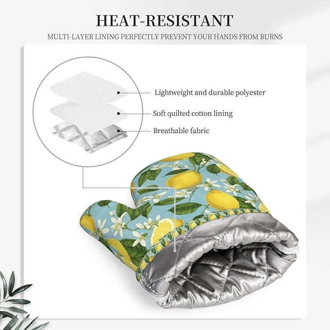 Heat Resistant Oven Mitts 2 Pack, 500°F Silicone Oven Gloves with Non-Slip Grip, Soft Quilted Cotton Lining for Baking, Grilling, BBQ, Cooking (Lemon)