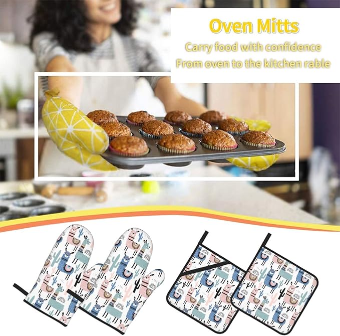 Llama Cactus Alpaca Oven Mitts and Pot Holders Set of 4, Oven Mittens and Potholders Heat Resistant Gloves for Kitchen Cooking Baking Grilling BBQ