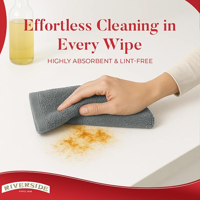 RIVERSIDE Bar Mop Towels Pack of 12, 16x19 Inches, 100% Ring Spun Cotton Terry Cloth Kitchen Towel, Highly Absorbent & Reusable Multipurpose Cleaning Rags for Bathroom, Hotel, Restaurant, Gray