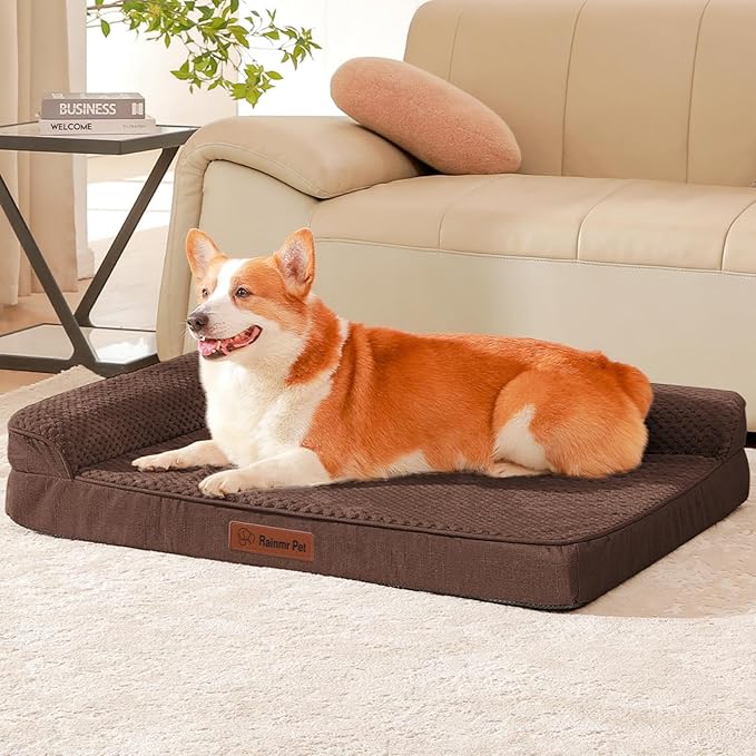 Rainmr Orthopedic Dog Beds for Large Dogs, Memory Foam Dog Beds Large Sized Dogs, Washable Removable Cover, Nonskid Bottom, Waterproof, for Indoor, Outdoor, Crate ＆ Car Use, 36x27x6 Inches, Brown Grey