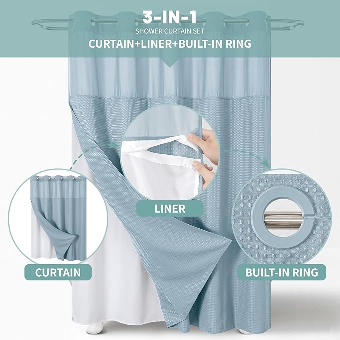 eachope Teal Extra Long No Hook Waffle Weave Shower Curtain with snap-in Liner Replacement, 230GSM Waterproof Fabric Hotel Shower Curtain Set for Bathroom, Through Mesh Top Window,71Wx86H