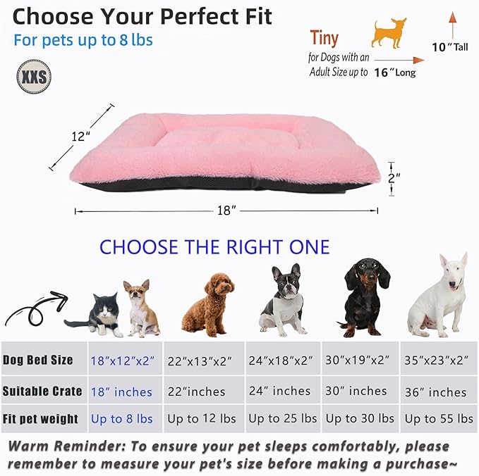 Dog Crate Bed Washable Dog Beds for XX-Small Dogs Deluxe Thick Faux Fur Fluffy Comfy Kennel Pad Anti-Slip Pet Sleeping Mat,Indoor Puppy Mattress Cat Kitten Cute Cushion Fit Crates 18 x 12 Inch,Pink