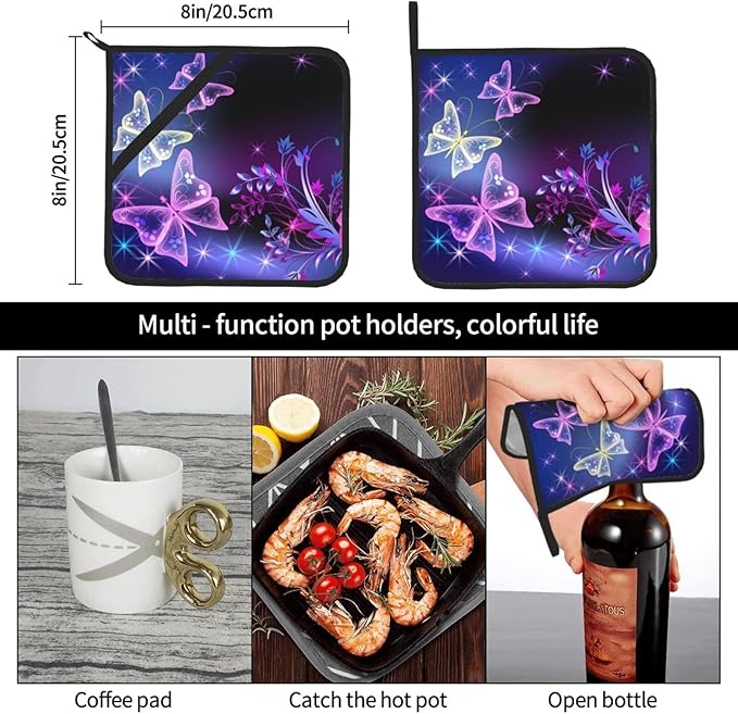 2-Pack Dreamy Butterflies Potholders Kit Trivets Black Kitchen Pot Holders Set Heat Resistant Quilted Large Coasters Hot Pads for Everyday Cooking Baking, 8 x 8 Inch (Colorful)