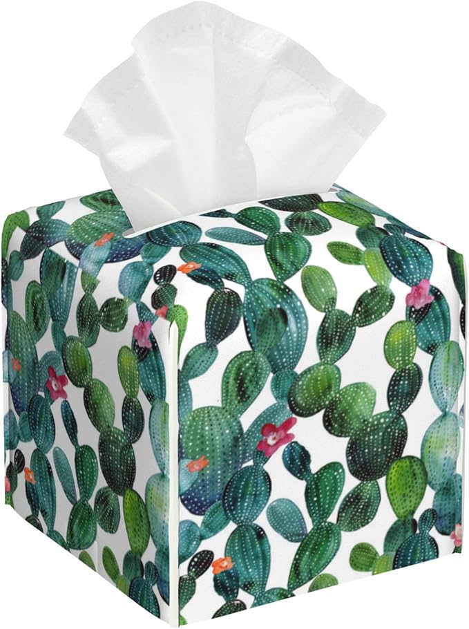 POIUBLE Leather Tissue Box Holder Watercolour Cactus Tissue Box Cover Square Waterproof Tissue Holder Organizer Modern Napkin Holder for Bedroom Dresser Night Stand Office Desk