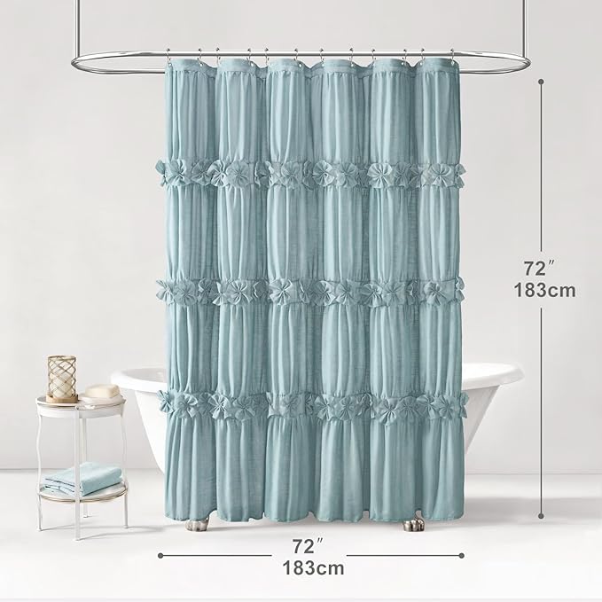 XOGUIBO Ruffle Shower Curtain with Handmade Bow Tie, Spa Blue Vintage Farmhouse Shower Curtain for Bathroom, 72" W x 72" H