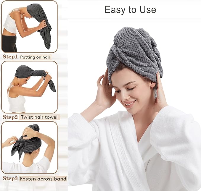 SURPRISE PIE Women Microfiber Hair Towel Wrap with Elastic Strap,Super Absorbent Anti Frizz Drying Turban for Curly, Long,Wet Hair- Grey