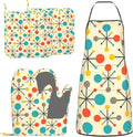 Mid Century Fifties Modern Atomic Retro Colors Oven Mitts and Pot Holders With Apron Set of 5 Silicone Kitchen Mitten and Non-Slip Potholders Apron Set Heat Resistant Oven Gloves Hot Pads Set