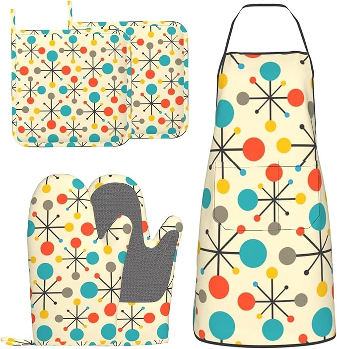Mid Century Fifties Modern Atomic Retro Colors Oven Mitts and Pot Holders With Apron Set of 5 Silicone Kitchen Mitten and Non-Slip Potholders Apron Set Heat Resistant Oven Gloves Hot Pads Set
