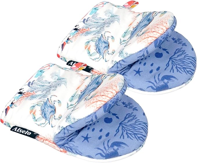 Mini Oven Mitts,2pk - Silicone Little Kitchen Gloves, Heat Resistant with Non-Slip Grip and Soft Quilted Cotton Lining for Safe Backing Cooking Barbecue (Lilac, Crab)