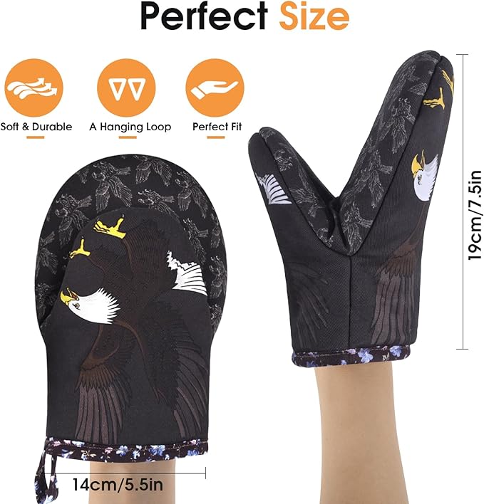 Mini Oven Mitts Cute,Silicone Oven Mitts Heat Resistant 500℉ with Non-Slip Grip and Soft Quilted Cotton Lining for Kitchen Cooking and Baking. Machine Washable-Eagles