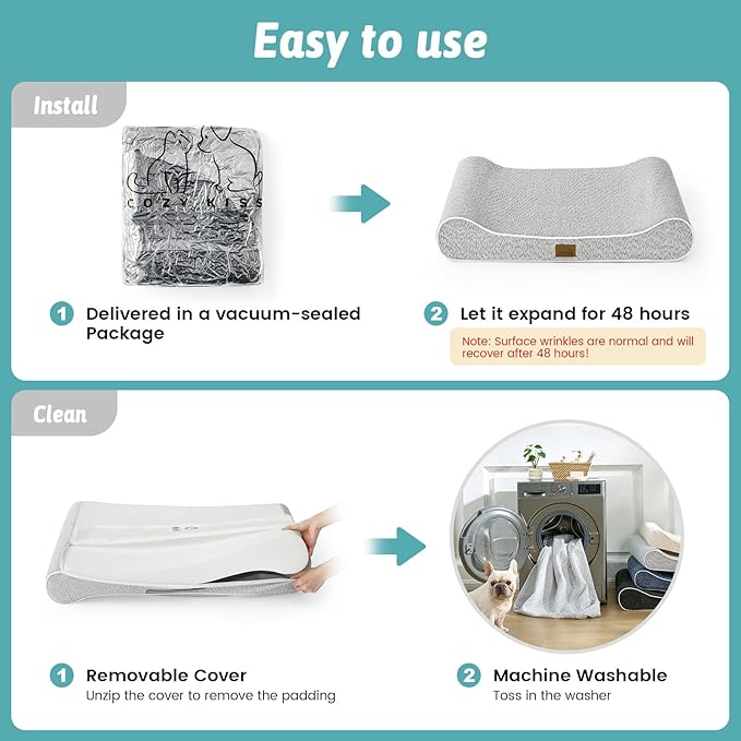 COZY KISS Dog Bed for Medium Dogs up to 65 lbs - Removable Washable Cover with Waterproof Lining & Non-Skid Bottom, Cotton-Polyester Blend Boat-Shaped Lounger Mattress, M(36x24x5.5in), Light Gray