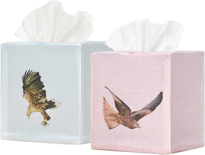 EmbroideryLinen.VN Tissue Box Cover Set of 2, Square Linen Tissue Holder, Printed Animal Pattern, 4.5x4.5x5.5 Inches, Decorative Holder for Bathroom, Living Room, Office (Eagle)
