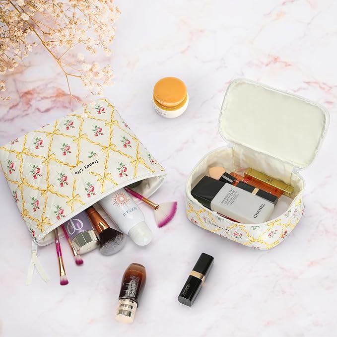 HAOGUAGUA 2 Pieces Makeup Bag, Small Large Quilted Cosmetic Bag, Travel Floral Make Up Toiletry Organizer Bag for Women Girls (2PCS STYLE B-6)