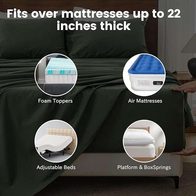 Bedlifes 100% French Linen Sheets Queen Size 18-24”Extra Deep Pocket 4-Piece Set Breathable & Moisture-Wicking,Soft & Durable Sheets for Thick Mattresses(Forest Green)