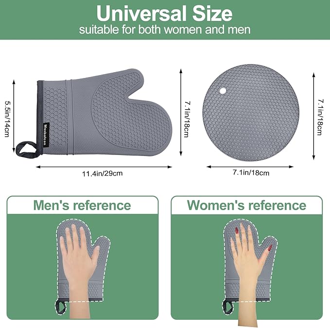 Silicone Oven Mitts and Pot Holders Sets 3PCS for Kitchen, Oven Gloves Heat Resistant 500°F, Non-Slip Silicone Potholder 7.1”, Thick Oven Mitts & Thick Hot Pads Protection for Cooking, Grey