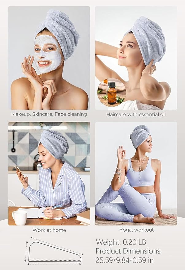 Hicober Microfiber Hair Towel Wrap, Fast Drying Hair Towels for Women, Soft Lightweight Quick Dry Turban for Curly & Long Hair–3 Pack(Blue/Grey/Pink)