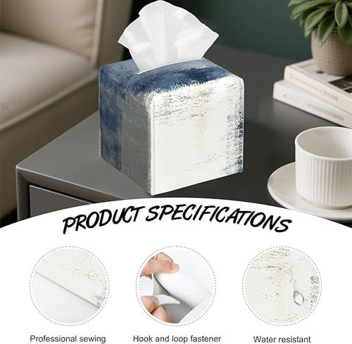 Abstract Blue and Grey Art Tissue Box Cover Square,Tissue Box Holder with Belt Bottom,Stylish Leather Napkin Holder for Vanity Countertop,Nightstands,Office Desk,5.2"×5.2"×5.2"