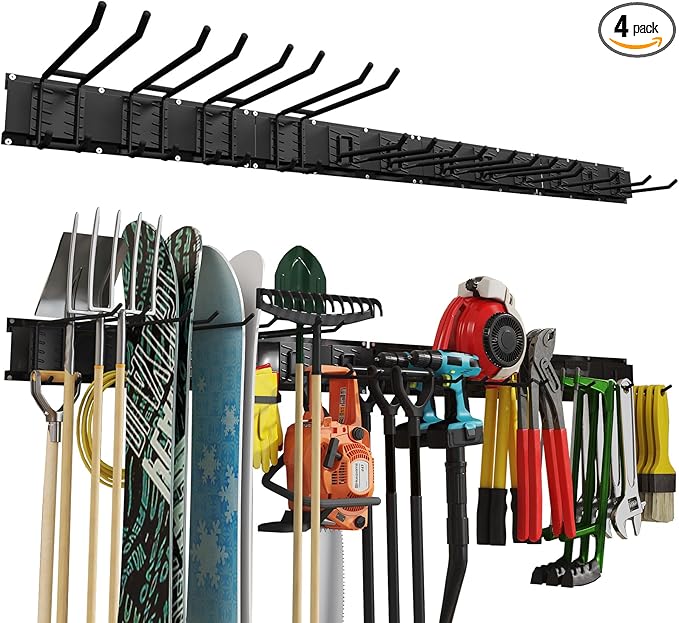 Howzone 64 Inches Garage Organization, Wall Mount Garden Tool Organizer, 880lbs Adjustable Heavy Duty Metal Hanging Hooks, Garden Tool Storage Rack for Garage, Yard, and Shed (4 Racks, 12 Hooks)
