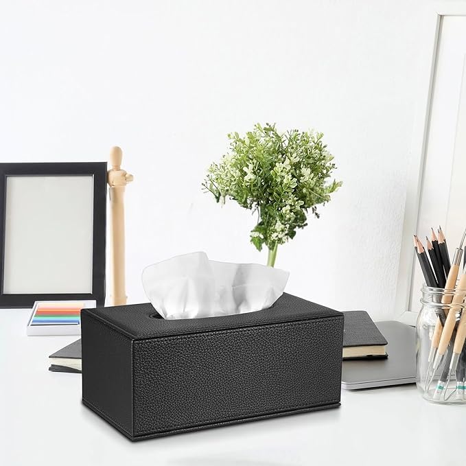 Sumnacon Tissue Box Cover Rectangle Tissue Box Stylish PU Tissue Box Holder with Magnetic Bottom, Decorative Leather Tissue Cover for Living Room Bathroom Table Desk Home Office Car, Black