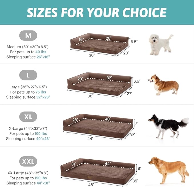 COZY KISS Orthopedic Dog Bed for Large Size Dog, XL Dogs Crate Bed, L Shaped Foam Anti-Slip Bottom Pet Cat Sofa with Washable Removable Cover, Suitable for Pet Up to 100 lbs, 44x32x7 inch, Brown