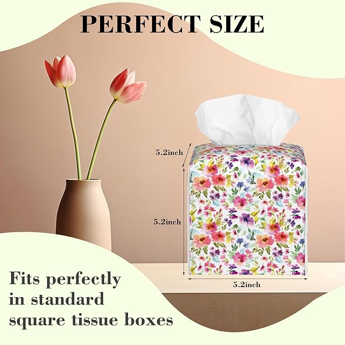 Colorful Flowers Floral Tissue Box Cover Square Leather Tissue Holder Waterproof Facial Paper Organizer Dispenser Cube Paper Cover Case for Home Office Bathroom Vanity Countertop