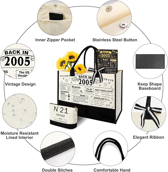 21st Birthday Gifts for Her Canvas Tote Bag Travel Gear, Unique 21 Years Old Gifts for Girlfriend Sister Coworker Friends Classmate Women, Vintage N°21 Handbag & Cosmetic Bag & Back in 2005 Poster