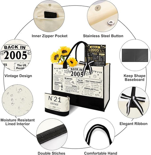 21st Birthday Gifts for Her Canvas Tote Bag Travel Gear, Unique 21 Years Old Gifts for Girlfriend Sister Coworker Friends Classmate Women, Vintage N°21 Handbag & Cosmetic Bag & Back in 2005 Poster