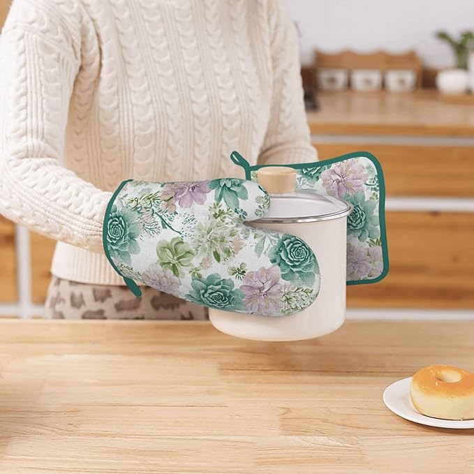 Oven Mitts and Potholders Green Succulents Silicone Glove Heat Resistant, Kitchen Gloves for Cooking, 2-Piece Set