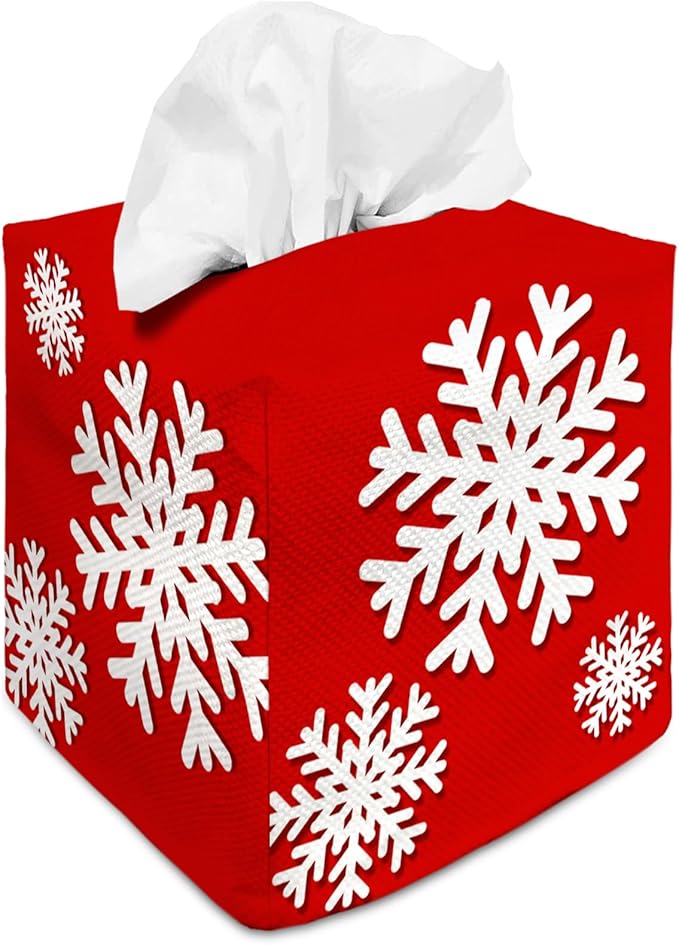 Tissue Box Cover Square Decorative Tissue Box Holder Cute Funny Cube Tissue Case Cover-Xmas Decor Christmas Snowflake Red Tissue Box Cover