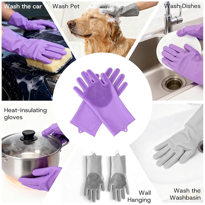 2-Pair Pet Hair Remover Glove for Dogs and Cats Washing, Grooming, & Deshedding – Multipurpose Silicone Dog Bath Gloves, Cat Brush Glove Mitt for Pet Cleaning & Household Use (Purple & Grey)