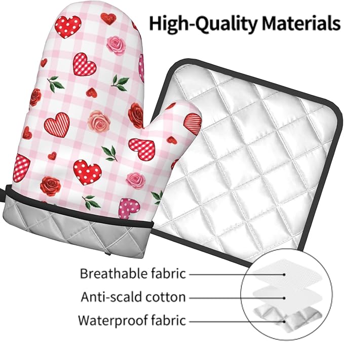 Mother’s Day Rose Flowers Kitchen Gloves Hot Pads Sets 2Pcs，Red Love Hearts Stripe Buffalo Plaid Heat Resistant Oven Gloves Pot Holders for Chef Cooking Baking Kitchen Decoration