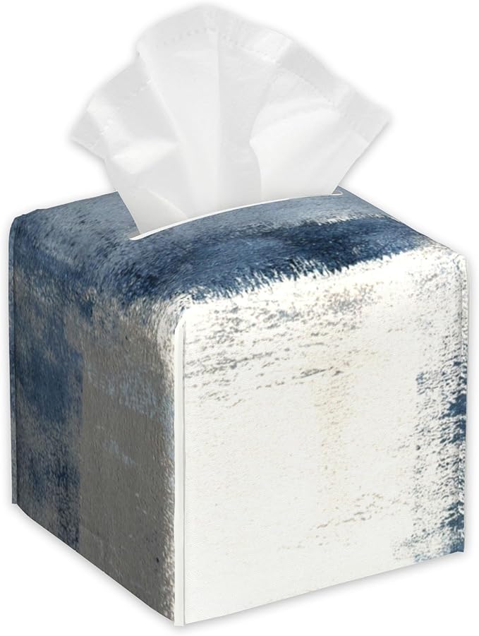 Abstract Blue and Grey Art Tissue Box Cover Square,Tissue Box Holder with Belt Bottom,Stylish Leather Napkin Holder for Vanity Countertop,Nightstands,Office Desk,5.2"×5.2"×5.2"