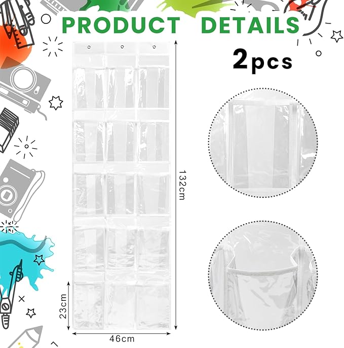 Vincreem 2 Pcs Over The Door Hanging Classroom Headphone Storage Organizer 30 PVC Clear Organizer Holder Pockets with 2 Pcs Headphone Storage Cards with Digital Stickers for Library Door Hanger