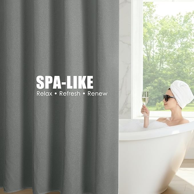 Zemyovia Waterproof No Hooks Waffle Shower Curtain, 260GSM Heavy Duty Fabric, with 10 Durable Split Grommets, Luxury Hotel Spa Style for Bathroom, Machine Washable, 74 x 72 Standard Size, Grey
