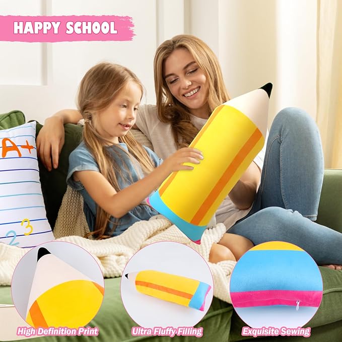 2 Pcs Cute Notebook Pencil Pillows Kids Classroom Large Plush Throw Pillow Back School Creative Stuffed Cushion for Teacher Home Reading Room Sofa Decor Student School Birthday Party Gift Supplies