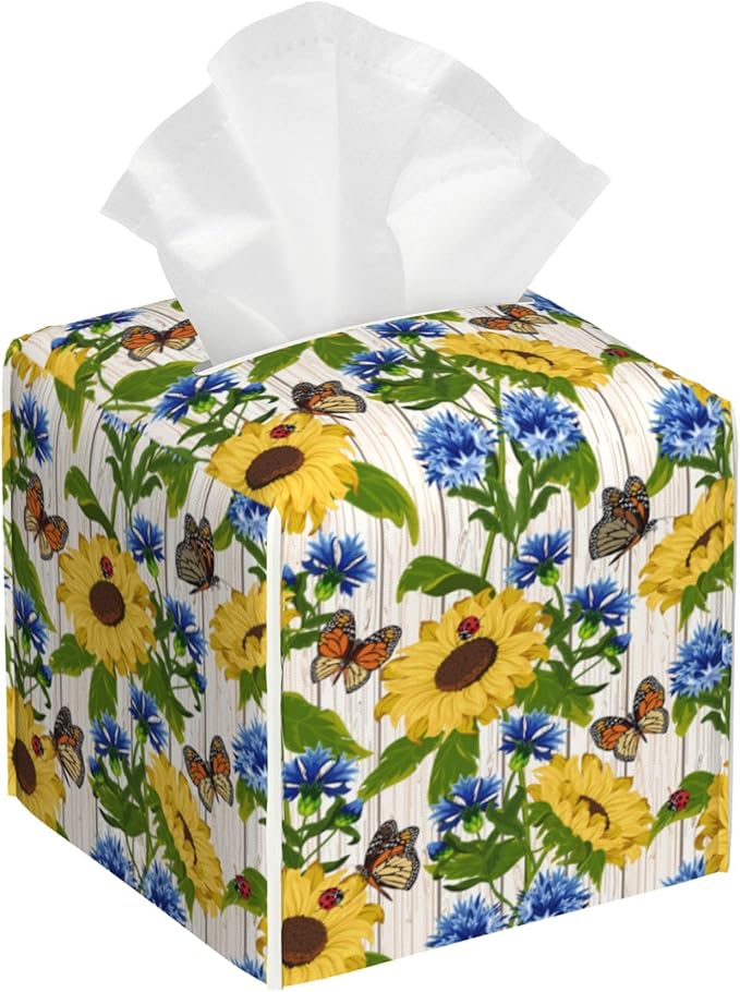 POIUBLE Cornflowers and Sunflowers Tissue Box Cover Butterfly and Ladybug Leather Tissue Box Holder Square Facial Paper Organizer Dispenser for Bathroom Kitchen Bedroom Vanity Countertop Night Stands