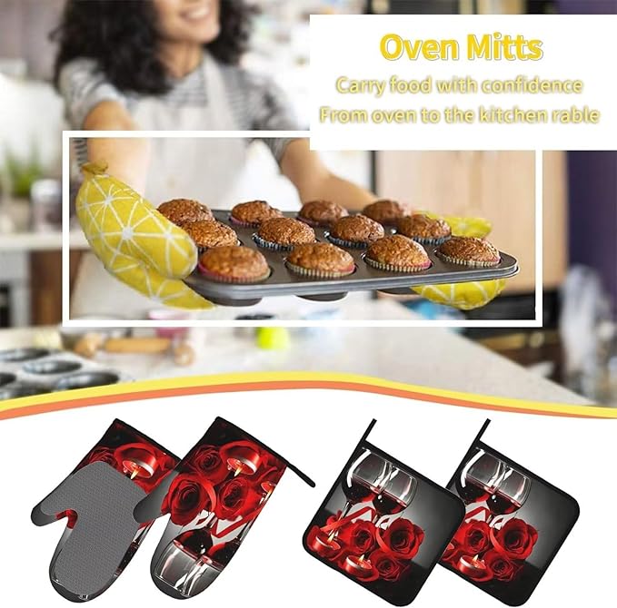 Rose Oven Mitts and Pot Holders with Apron Set of 5 Silicone Red Rose Wine Glass and Candle Kitchen Mitts and Non-Slip Potholders Apron Set Heat Resistant Oven Gloves Hot Pads for Cooking