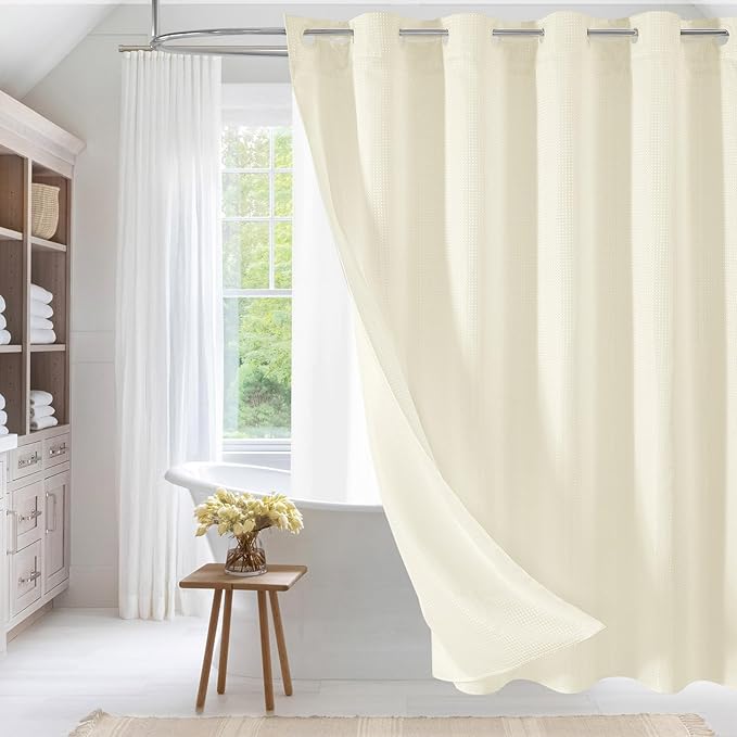 MitoVilla No Hooks Needed Ivory Waffle Shower Curtain Liner Set, Modern Waffle Weave Heavy Duty Fabric Cloth Shower Curtain with Snap-in Liner for Luxury Neutral Hotel Spa Bathroom Decor