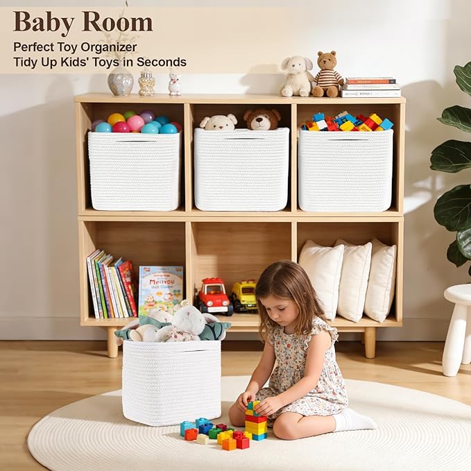 Storage Cubes 11 Inch Storage Baskets for Shelves, Set of 3 Cotton Rope Woven Baskets for Organizing, Cube Storage Square Bins for Toy, Playroom Decor, Classroom, Closet, White