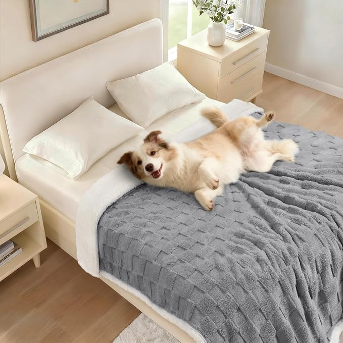 Luciphia Waterproof Dog Blanket for Large Dogs Washable Soft Sherpa Fleece Cat Blankets with 3D Jacquard Cozy Calming Reversible Bed Couch Protector Furniture Protection for Pet, Gray White,65x57 inch