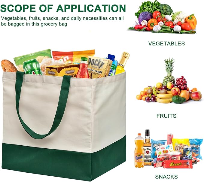 CNaiyunpin 3 Pcs Reusable Grocery Bags - Heavy Duty Canvas Bag, 8.3 gal Foldable Large Canvas Tote Bag with Handles, Holds 60 lbs Tote Shopping Bags,100% Cotton（Retro Green）