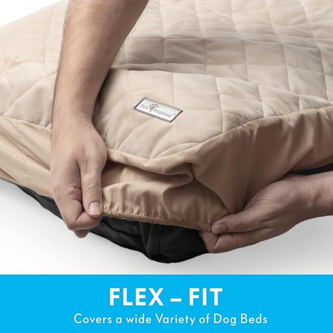 Paw Inspired Waterproof Fitted Cover for Dog Bed | Washable Bed Protector for Dog Mattress | Removable Replacement Cover for Large to XL Pet Bed (Beige, 44 x 35 x 6 Inch)