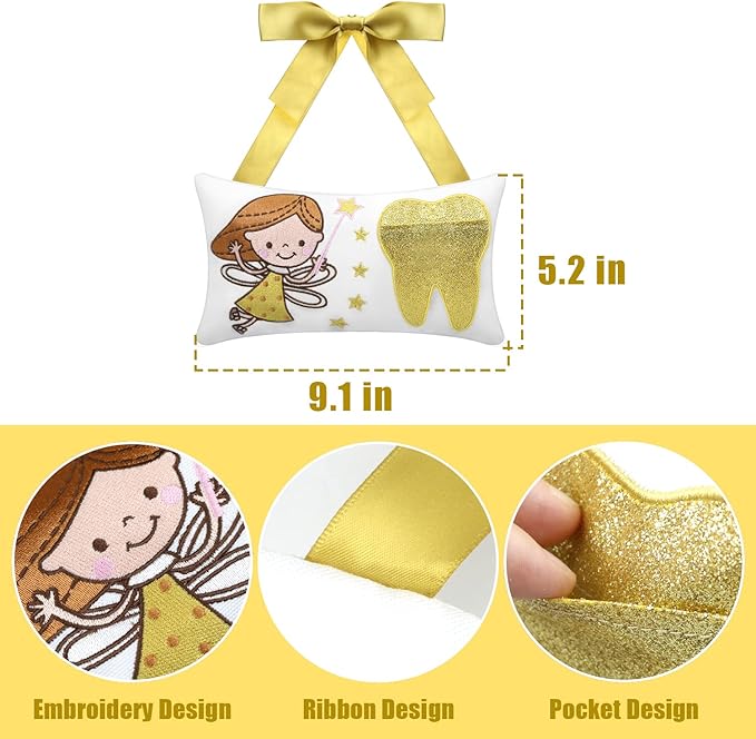 Malihome Tooth Fairy Pillow with Pocket for Girls and Boys Kids Tooth Pillow Toothfairy Gifts Tooth Keepsake Pouch 8.6 x 4.8 inches (for Girls)